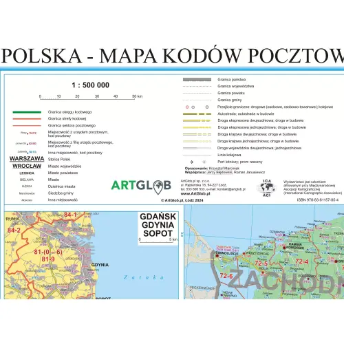 Polska mapa ścienna kody pocztowe arkusz papierowy, 1:500 000, ArtGlobPolska mapa ścienna kody pocztowe arkusz papierowy, 1:500 000, ArtGlob