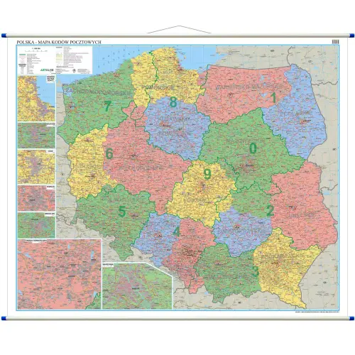 Polska mapa ścienna kody pocztowe, 1:500 000, ArtGlob