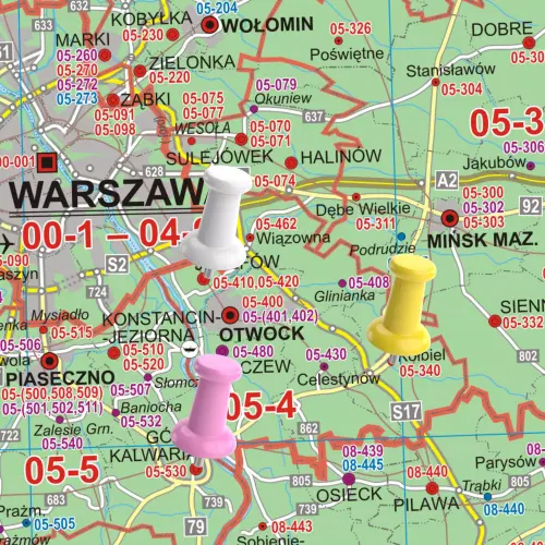 Polska mapa ścienna kody pocztowe na podkładzie do wpinania, 1:500 000, ArtGlob