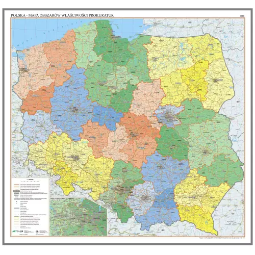Polska - mapa ścienna obszarów właściwości prokuratur na podkładzie do magnetycznym, 1:500 000, ArtGlob
