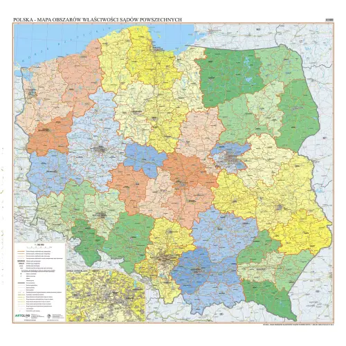 Polska - mapa ścienna obszarów właściwości sądów powszechnych arkusz laminowany, 1:500 000, ArtGlob