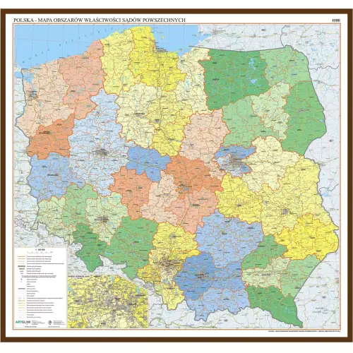 Polska - mapa ścienna obszarów właściwości sądów powszechnych na podkładzie, 1:500 000, ArtGlob