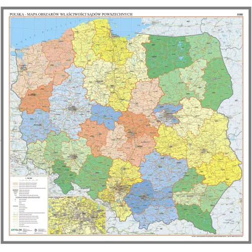 Polska - mapa ścienna obszarów właściwości sądów powszechnych na podkładzie do wpinania, 1:500 000, ArtGlob