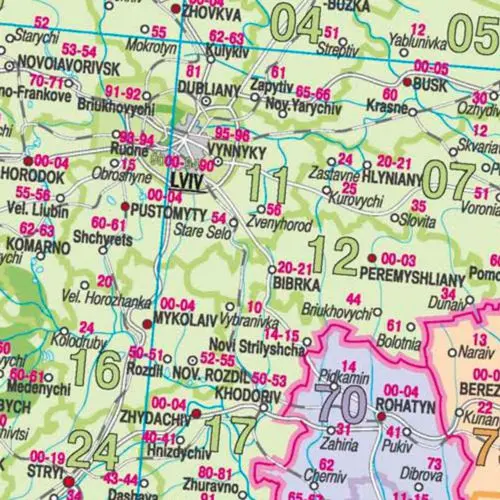 Ukraina mapa ścienna kody pocztowe na podkładzie do wpinania 1:1 000 000