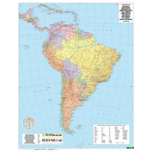 Ameryka Południowa mapa ścienna polityczno-fizyczna na podkładzie magnetycznym 1:8 000 000