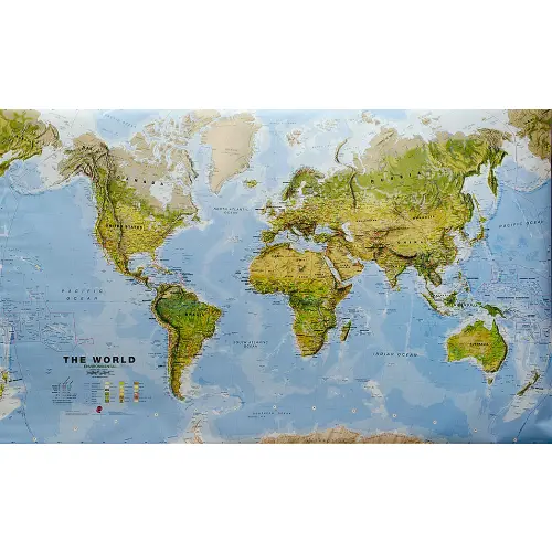 Świat mapa fizyczna z elementami środowiska arkusz papierowy 1:20 000 000