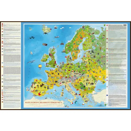 Europa Młodego Odkrywcy mapa ścienna dla dzieci na podkładzie w drewnianej ramie