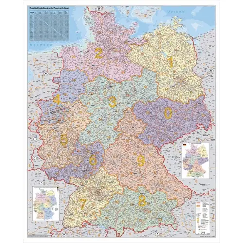 Niemcy mapa ścienna kody pocztowe na podkładzie do wpinania 1:750 000