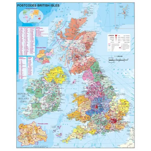 Wielka Brytania mapa ścienna kody pocztowe na podkładzie do wpinania 1:1 200 000