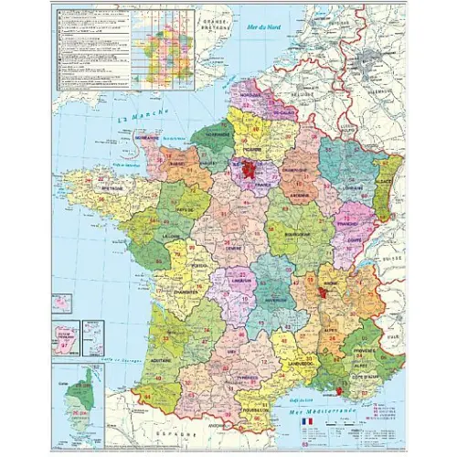 Francja mapa ścienna kody pocztowe na podkładzie magnetycznym 1:1 000 000