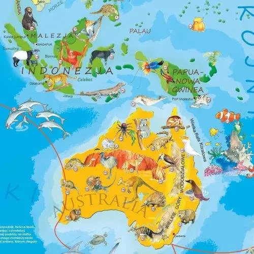Zwierzęta Świata Młodego Odkrywcy mapa ścienna dla dzieci na podkładzie do wpinania