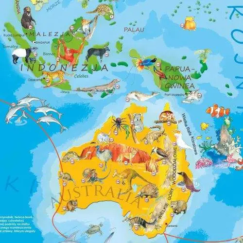 Zwierzęta Świata Młodego Odkrywcy mapa ścienna - naklejka XL dla dzieci