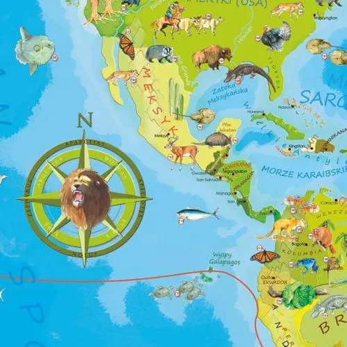Zwierzęta Świata Młodego Odkrywcy mapa ścienna - naklejka XL dla dzieci
