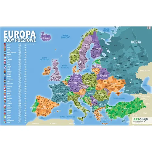 Europa mapa ścienna kody pocztowe arkusz papierowy
