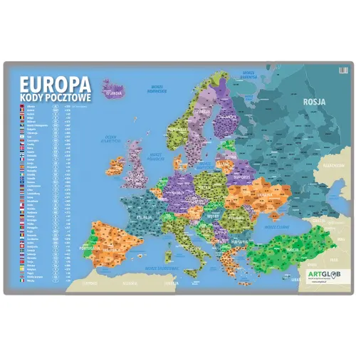 Europa mapa ścienna kody pocztowe na podkładzie do wpinania
