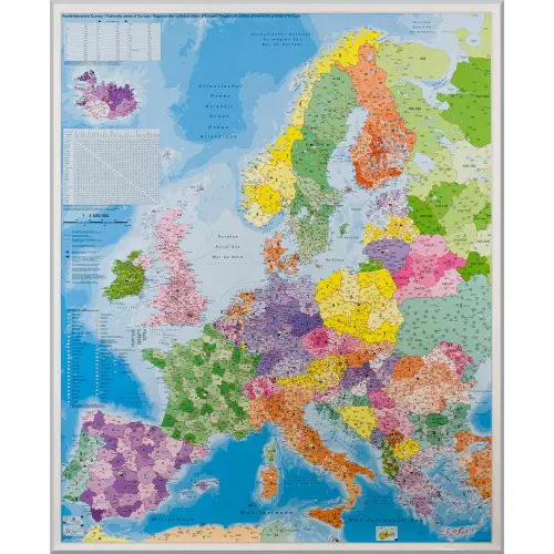 Europa mapa ścienna kody pocztowe na podkładzie do wpinania, 1:3 600 000