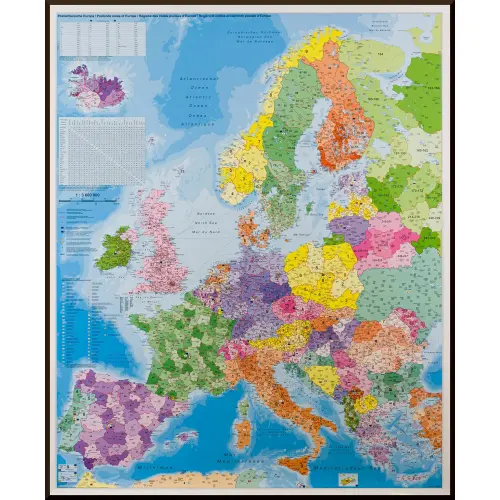 Europa mapa ścienna kody pocztowe na podkładzie, 1:3 600 000