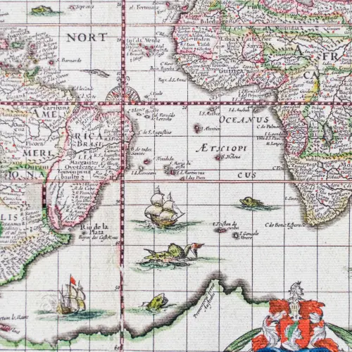 Świat według Willema Blaeu z 1635r. - mapa ścienna na płótnie Canvas w drewnianych listwach