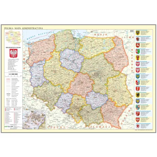 Polska mapa ścienna administracyjna na podkładzie do wpinania znaczników 1:1 000 000