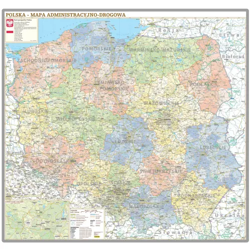 Polska administracyjno-drogowa mapa ścienna na podkładzie magnetycznym, 1:500 000