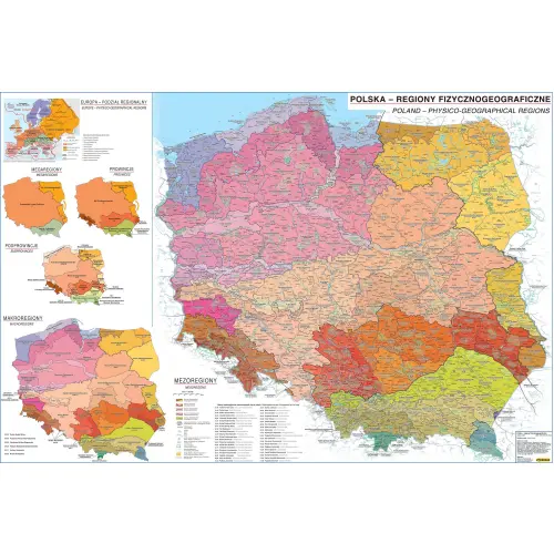 Polska - regiony fizycznogeograficzne mapa ścienna, arkusz papierowy, 1:500 000