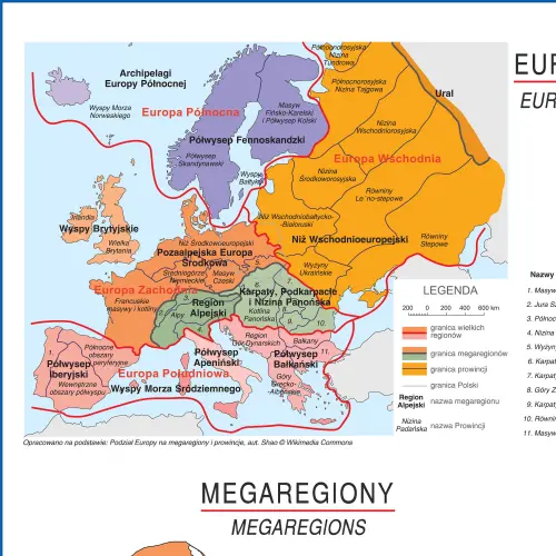 Polska - regiony fizycznogeograficzne mapa ścienna magnetyczna, 1:500 000