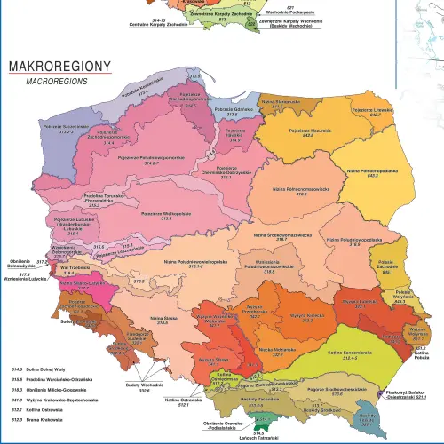 Polska - regiony fizycznogeograficzne mapa ścienna, 1:500 000