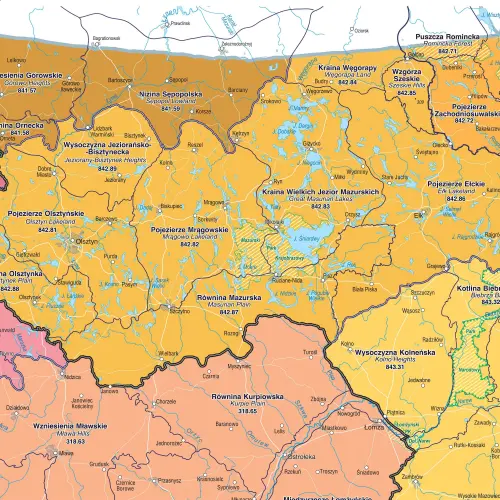 Polska - regiony fizycznogeograficzne mapa ścienna, arkusz papierowy, 1:500 000