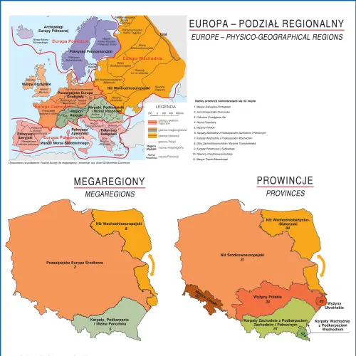Polska - regiony fizycznogeograficzne mapa ścienna, arkusz laminowany, 1:700 000