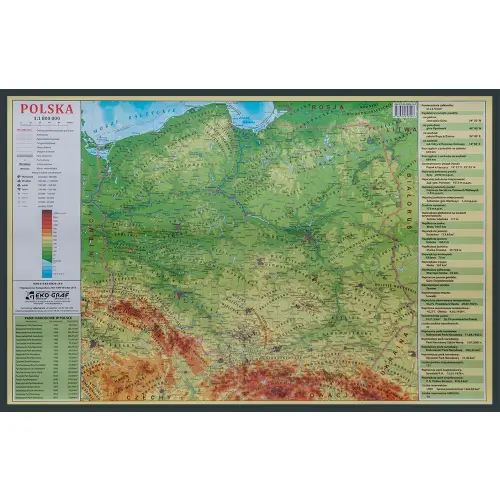 Polska mapa ścienna fizyczna na podkładzie 1:1 800 000