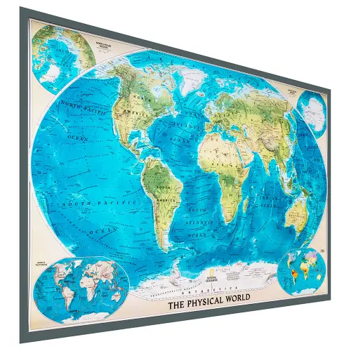 Świat mapa ścienna fizyczna na podkładzie do wpinania znaczników 1:45 500 000