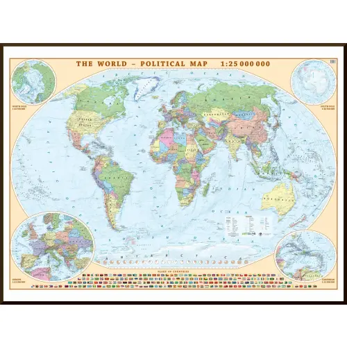 World political wall map on a magnetic foundation 1:25 000 000