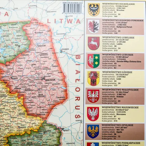 Polska mapa ścienna administracyjna na podkładzie 1:1 800 000