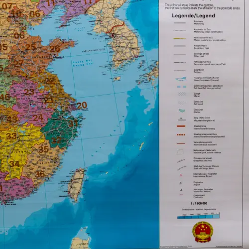 Chiny mapa ścienna kody pocztowe na podkładzie 1:4 000 000