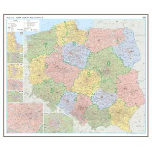 Polska mapa ścienna kody pocztowe na podkładzie magnetycznym 1:500 000