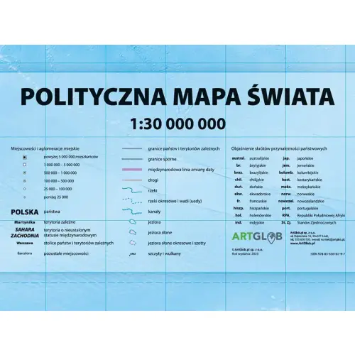 Świat polityczny Mapa ścienna na podkładzie do wpinania 1:30 000 000